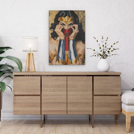Canvas schilderij interieur Wondervrouw die een Boek Vasthoudt