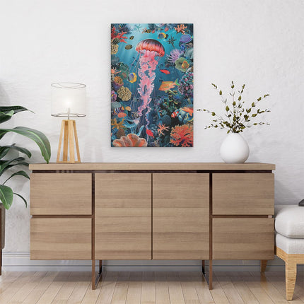 Canvas schilderij interieur Onderwatertafereel met Kwallen en Koralen