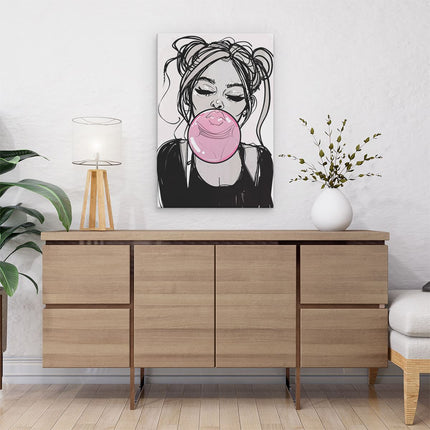 Canvas schilderij interieur Meisje Blaast een Roze Kauwgom