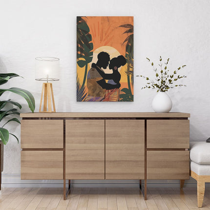 Canvas schilderij interieur Man en Vrouw Knuffelen voor een Palmboom bij Zonsondergang