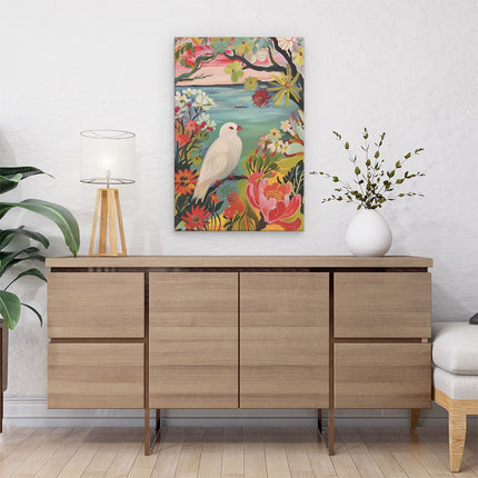 Canvas schilderij interieur Witte Duif Zat op een Tak met Bloemen op de Achtergrond