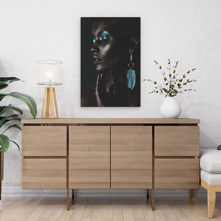 Canvas schilderij interieur Zwarte Vrouw met Blauwe Veren Oorbellen
