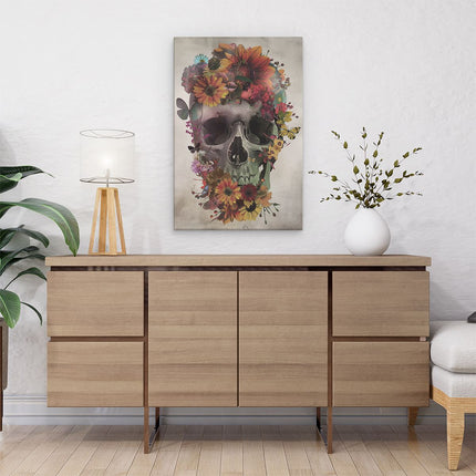 Canvas schilderij interieur De Schedel is Bedekt met Bloemen en Vlinders