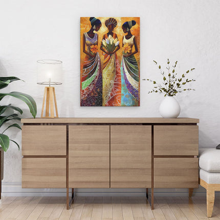 Canvas schilderij interieur Drie Afrikaanse Vrouwen met Bloemen in hun Handen