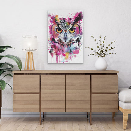 Canvas schilderij interieur Uil met Kleurrijke Verfspatten op zijn Gezicht
