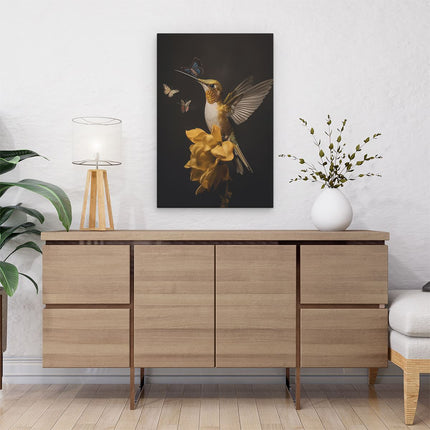 Canvas schilderij interieur Kolibrie met Vlinders op een Bloem
