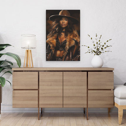 Canvas schilderij interieur Vrouw in een Bontjas en Hoed