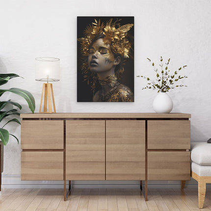 Canvas schilderij interieur Vrouw met Gouden Bladeren op haar Gezicht