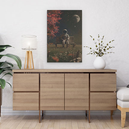 Canvas schilderij interieur Astronaut Zittend op een Bankje