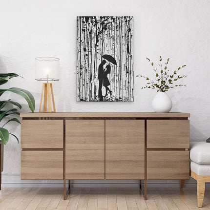 Canvas schilderij interieur Paar Zoenen onder een Paraplu in de Regen