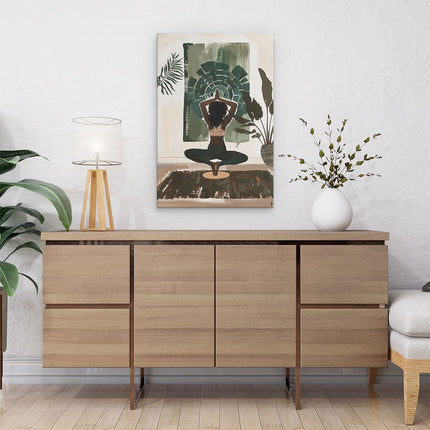 Canvas schilderij interieur Vrouw doet Yoga op een Tapijt