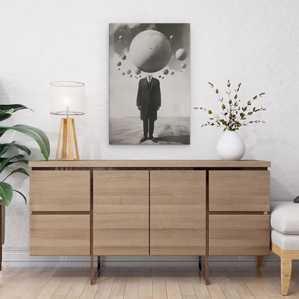 Canvas schilderij interieur Man in een Pak met veel Bollen op zijn Hoofd