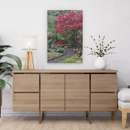 Canvas schilderij interieur Japans Tuinpad met Rode Brug