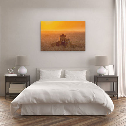 Canvas schilderij slaapkamer Leeuw En Leeuwin Tijdens Zonsondergang