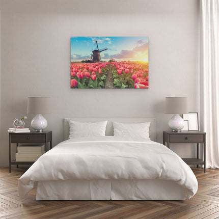 Canvas schilderij slaapkamer Roze Tulpen Bloemenveld - Met Windmolen