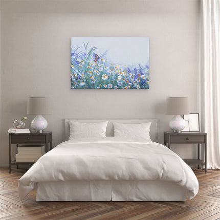 Canvas schilderij slaapkamer Witte Kamille Bloemen Met Een Vlinder