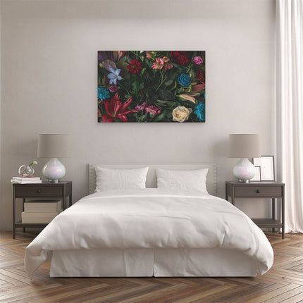 Canvas schilderij slaapkamer Kleurrijke Bloemen Met Groene Bladeren