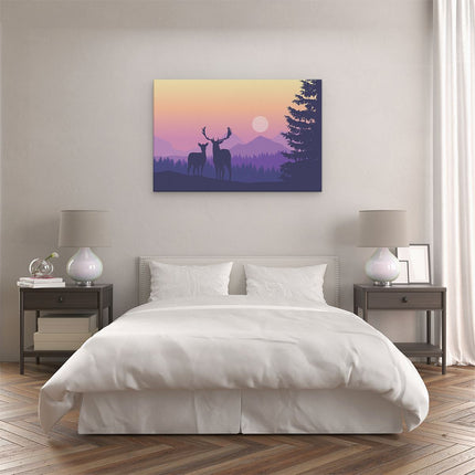 Canvas schilderij slaapkamer Twee Herten - Zonsondergang - Silhouet