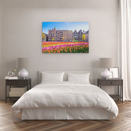 Canvas schilderij slaapkamer Amsterdamse Huisjes Met Tulpen - Kleur