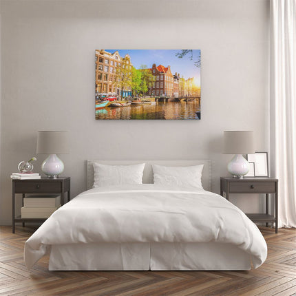 Canvas schilderij slaapkamer Amsterdamse Gracht Tijdens Zonsondergang