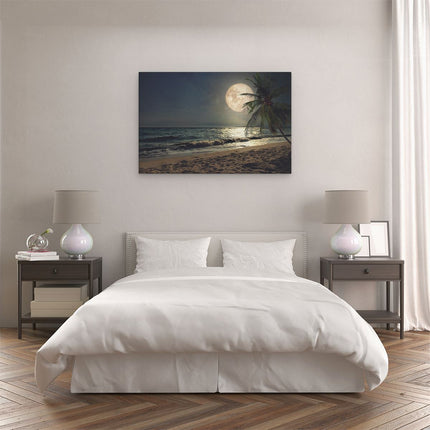 Canvas schilderij slaapkamer Tropisch Strand In De Nacht Met Volle Maan