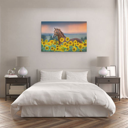 Canvas schilderij slaapkamer Bruin Paard Tussen De Zonnebloemen