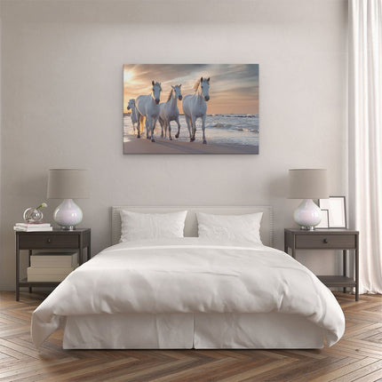 Canvas schilderij slaapkamer Witte Paarden Op Het Strand Bij Water