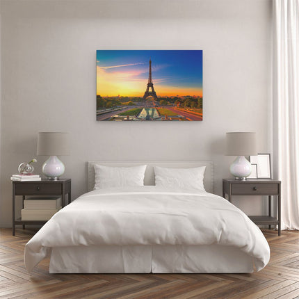 Canvas schilderij slaapkamer Parijs Eiffeltoren Tijdens De Zonsopkomst