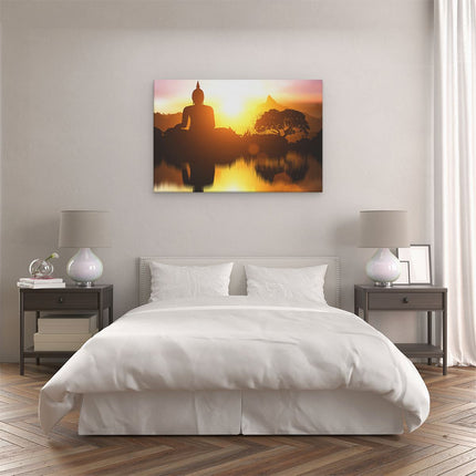 Canvas schilderij slaapkamer Silhouet Van Boeddha Beeld Met Zonsondergang