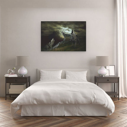 Canvas schilderij slaapkamer Drie Huilende Wolven Tijdens Volle Maan