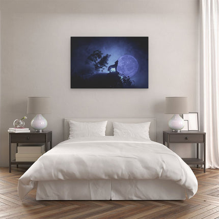 Canvas schilderij slaapkamer Huilende Wolf In Silhouet Bij Volle Maan