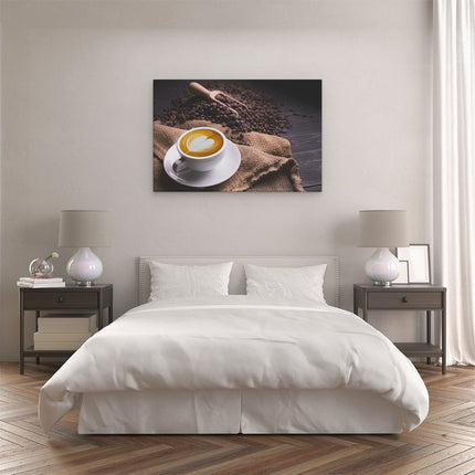 Canvas schilderij slaapkamer Kopje Koffie In Een Hartje Met Koffiebonen