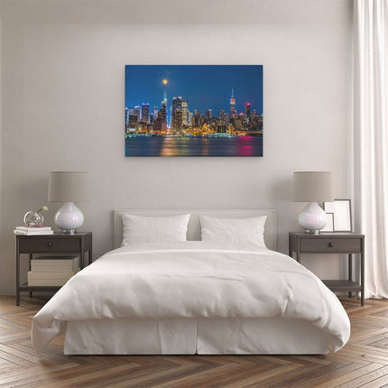 Canvas schilderij slaapkamer Verlichte Skyline Van New York Met Volle Maan