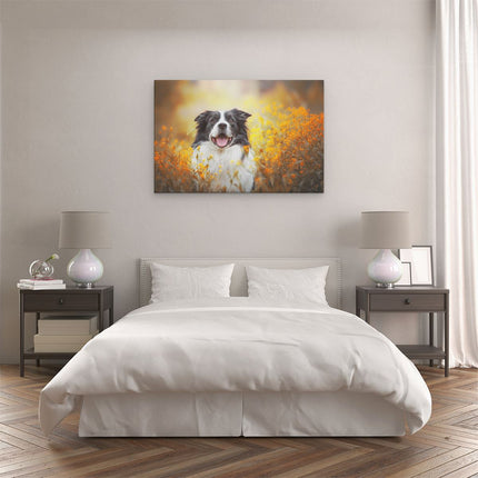 Canvas schilderij slaapkamer Blije Hond Tussen De Bloemen