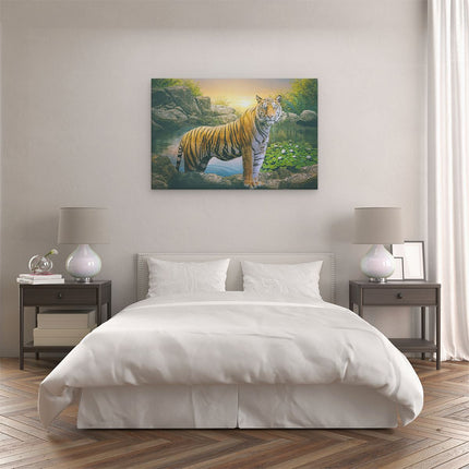 Canvas schilderij slaapkamer Luipaard In Een Vijver Bij Zonsondergang
