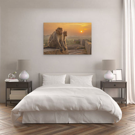 Canvas schilderij slaapkamer Twee Apen Bekijken De Zonsondergang