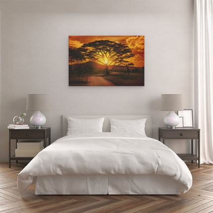 Canvas schilderij slaapkamer Zonsondergang Achter Een Savanne Boom
