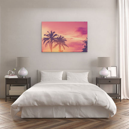 Canvas schilderij slaapkamer Tropische Palmbomen Met Zonsondergang