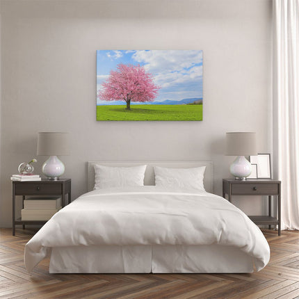 Canvas schilderij slaapkamer Roze Sakura Bloesem Boom In Het Groene Veld