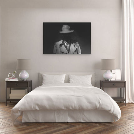 Canvas schilderij slaapkamer Man Met Een Hoedje In Het Donker - Zwart Wit
