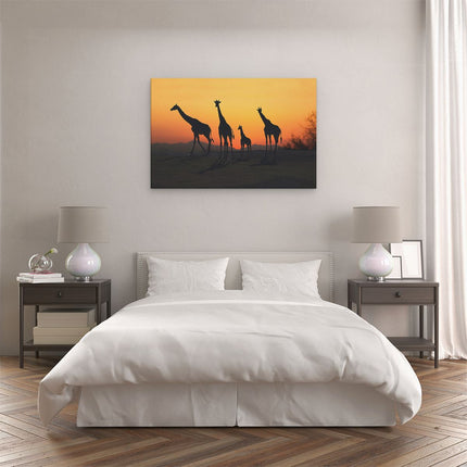 Canvas schilderij slaapkamer Vier Giraffe Silhouetten Bij Zonsondergang