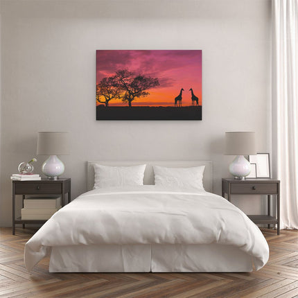 Canvas schilderij slaapkamer Twee Giraffe Silhouetten Bij Zonsondergang