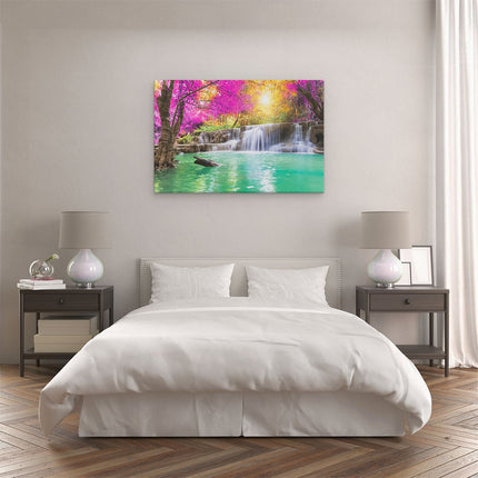 Canvas schilderij slaapkamer Waterval Met Groen Water En Roze Bladeren