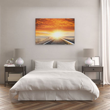 Canvas schilderij slaapkamer Rails Spoorweg Bij Zonsondergang