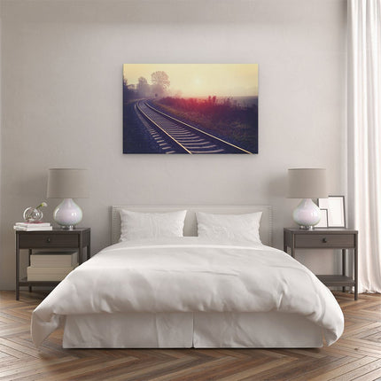 Canvas schilderij slaapkamer Spoorweg Rails Tijdens De Herfst Met Mist