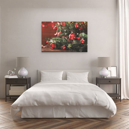 Canvas schilderij slaapkamer Kerstboom Met Rode Lichtjes En Kerstballen
