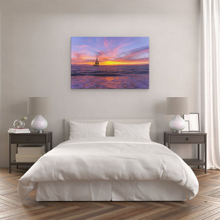 Canvas schilderij slaapkamer Zeilboot Silhouet bij Zonsondergang