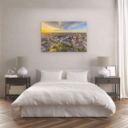 Canvas schilderij slaapkamer Groningen Skyline Stad bij Zonsondergang