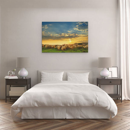 Canvas schilderij slaapkamer Kudde Schapen op het Gras bij Zonsondergang