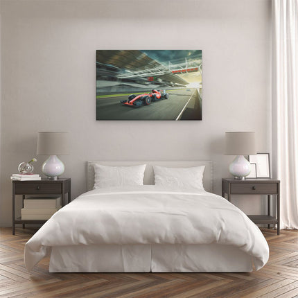 Canvas schilderij slaapkamer Formule 1 Auto bij de Finish in het Rood